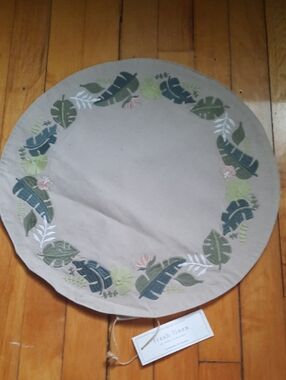Tan Round Table Topper with Green Leaf Embroidery 16" NWT Cathy Heck Studio
